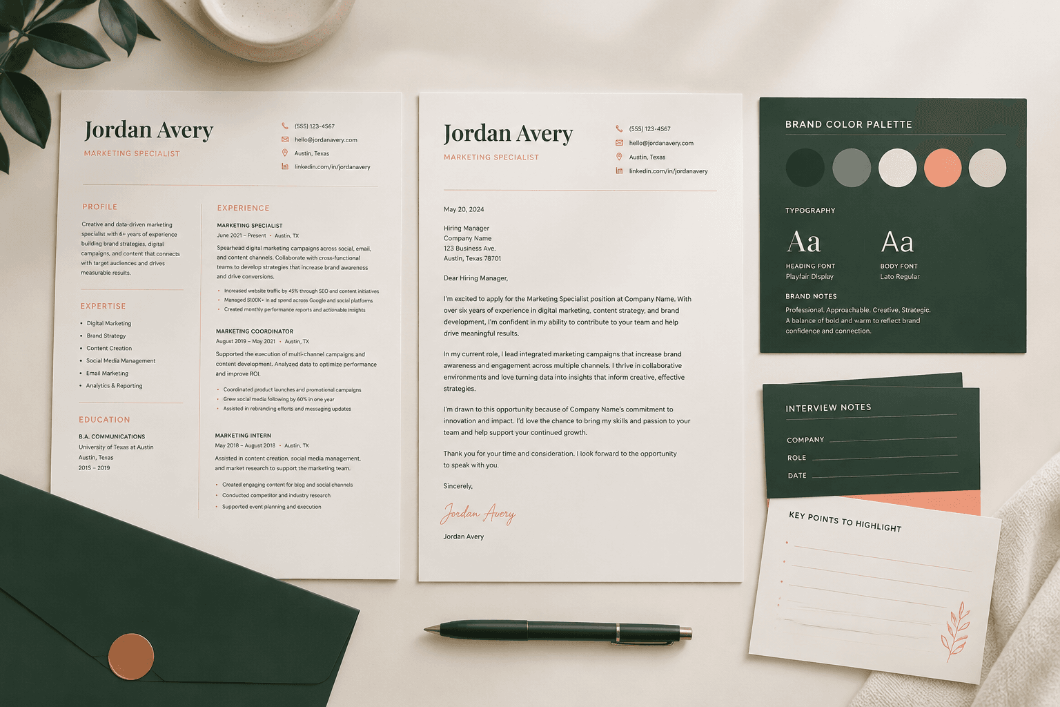A complete application kit spread: CV, cover letter, brand card and interview notes