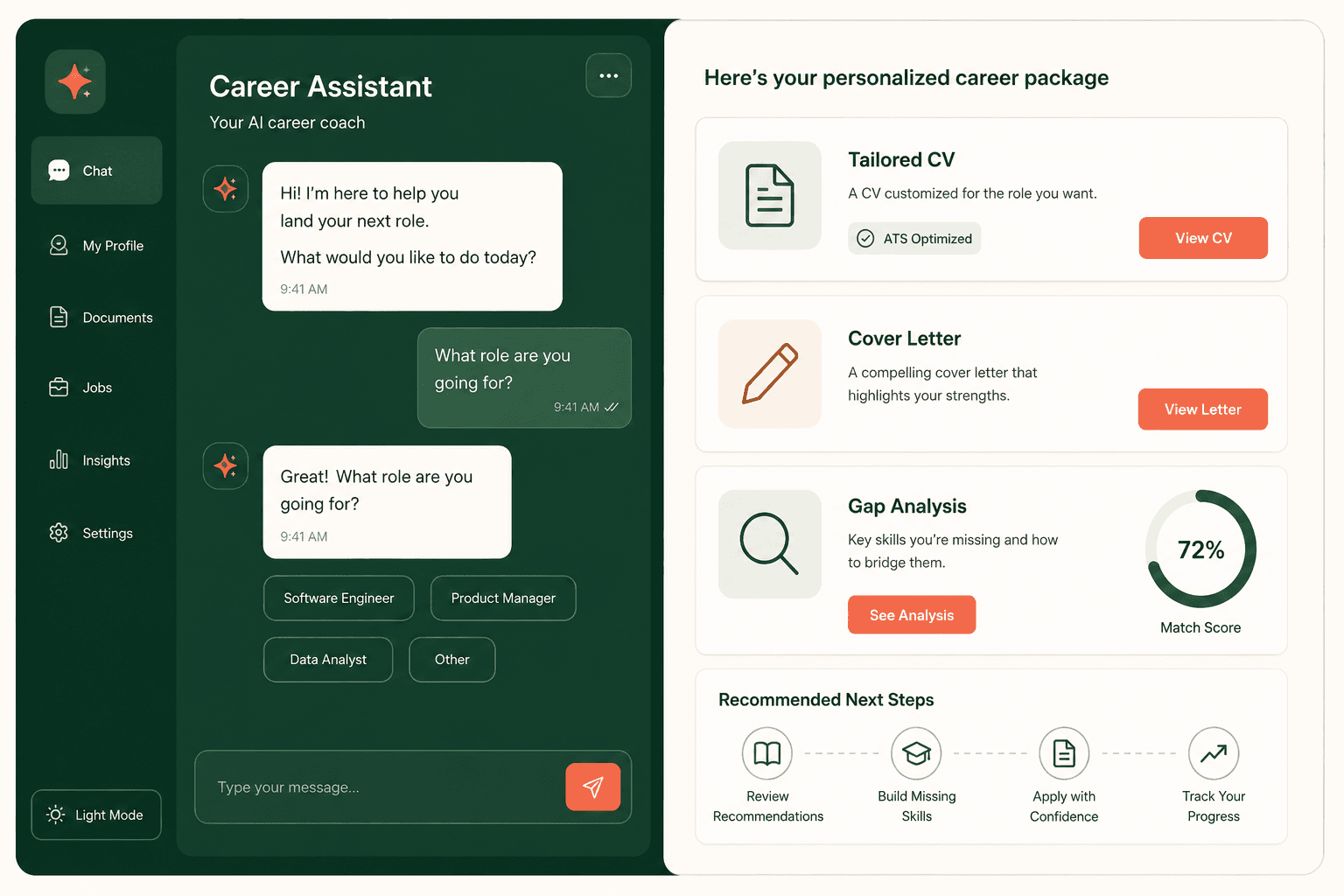 AI chat assistant asking about a target role with structured result panels