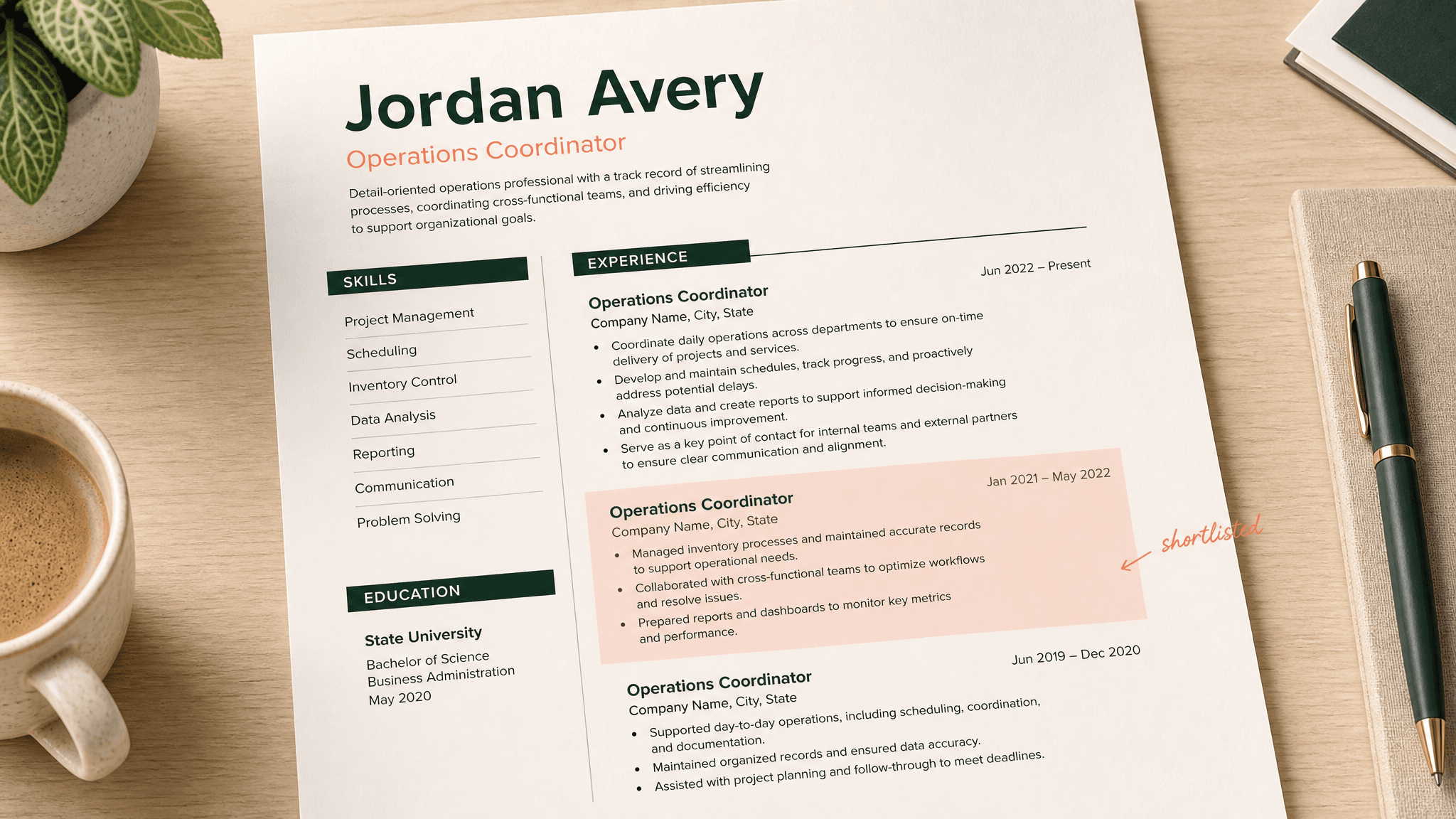 A tailored one-page CV on a warm desk with one line marked as shortlisted