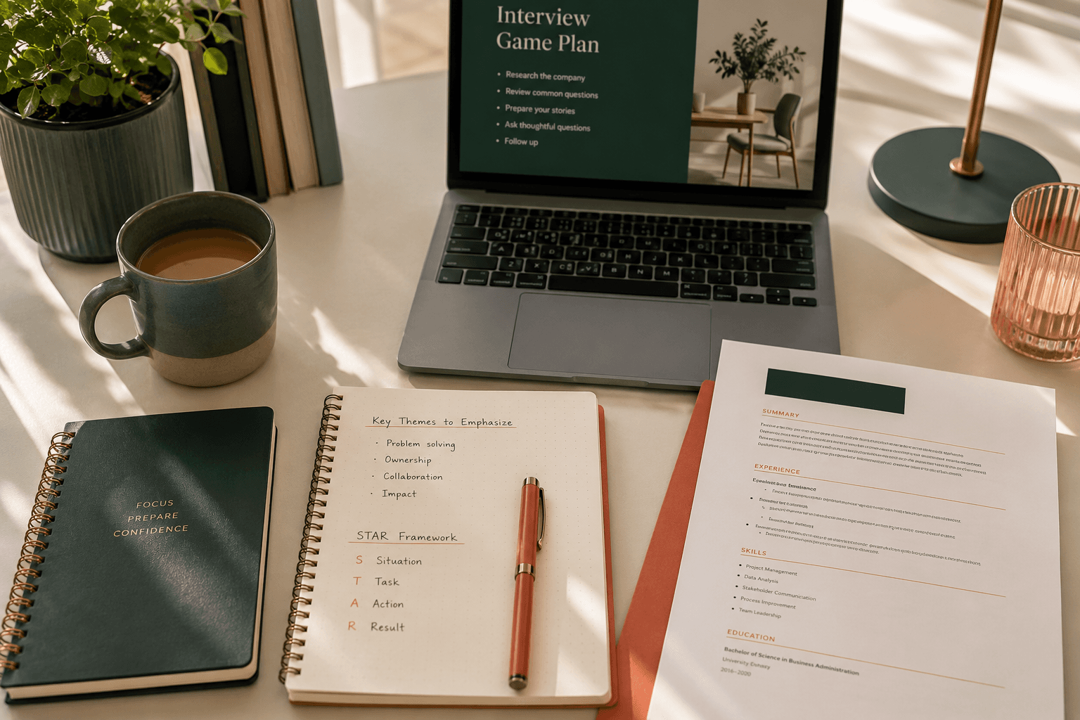 A calm interview-preparation desk with a laptop, notes and a printed CV