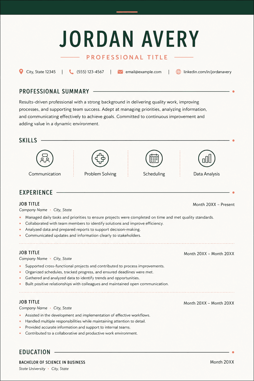 Single-column ATS-friendly CV layout with clear headers and generous margins