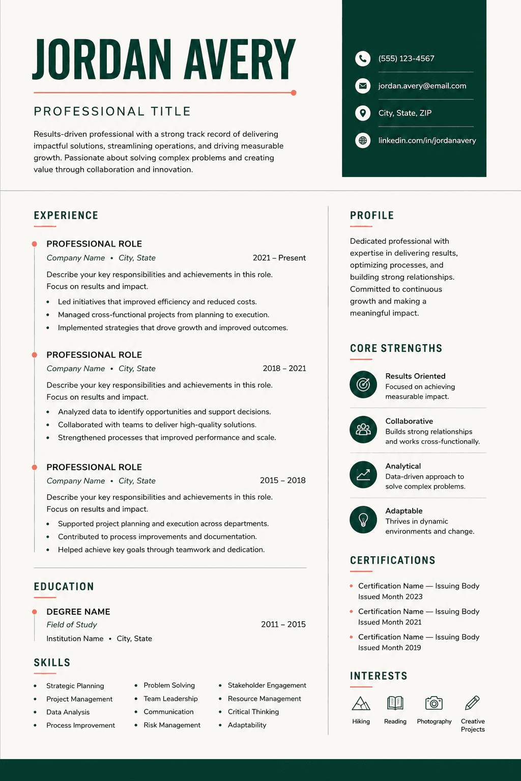 Modern CV layout with a bold header band and clean section dividers