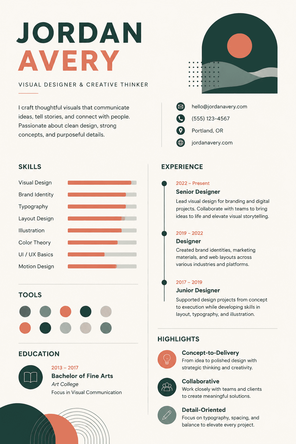 Infographic visual résumé with tasteful skill bars and a timeline