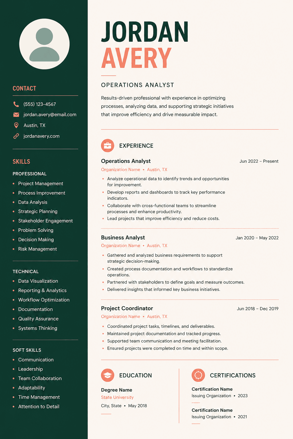 Two-column CV layout with a skills sidebar and a wide experience column